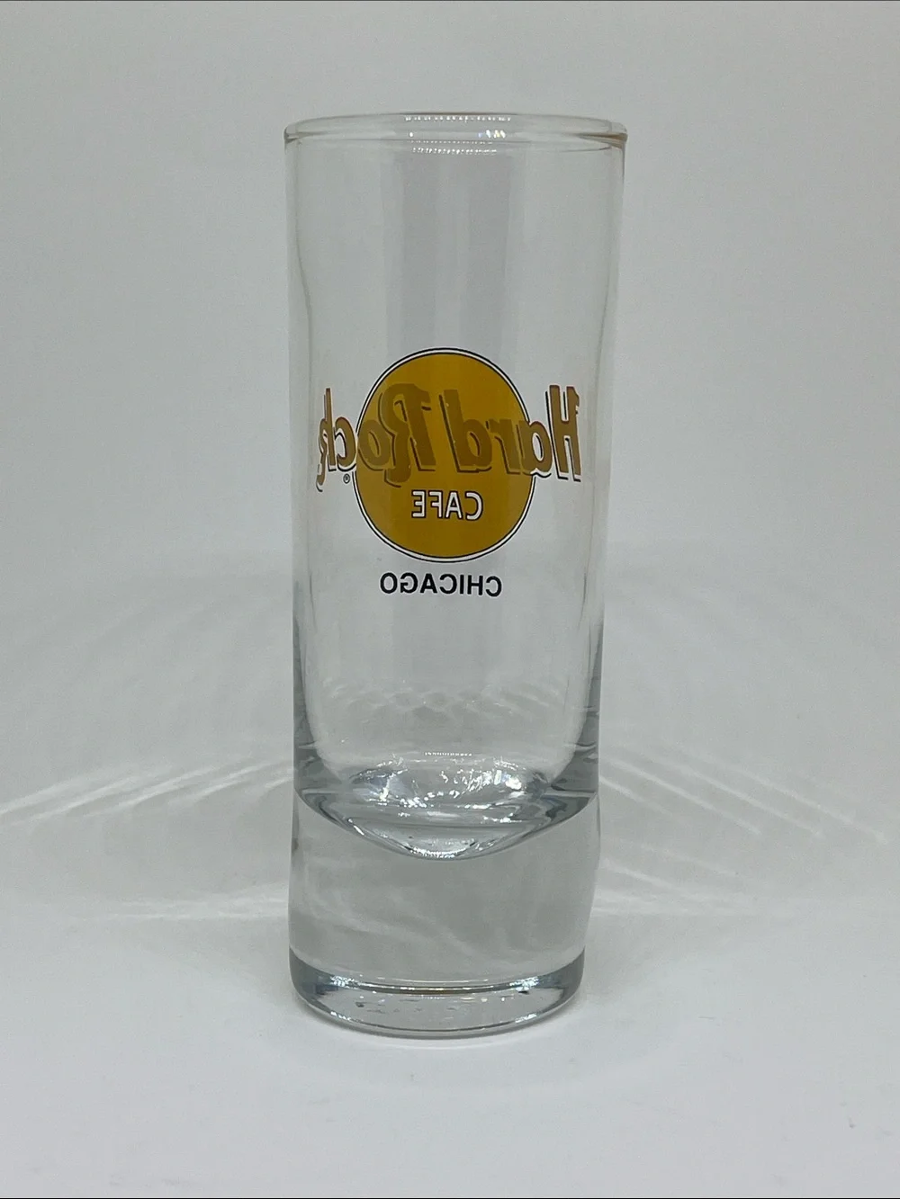 Hard Rock Cafe Chicago Clear Shot Glass with Yellow and Red Logo